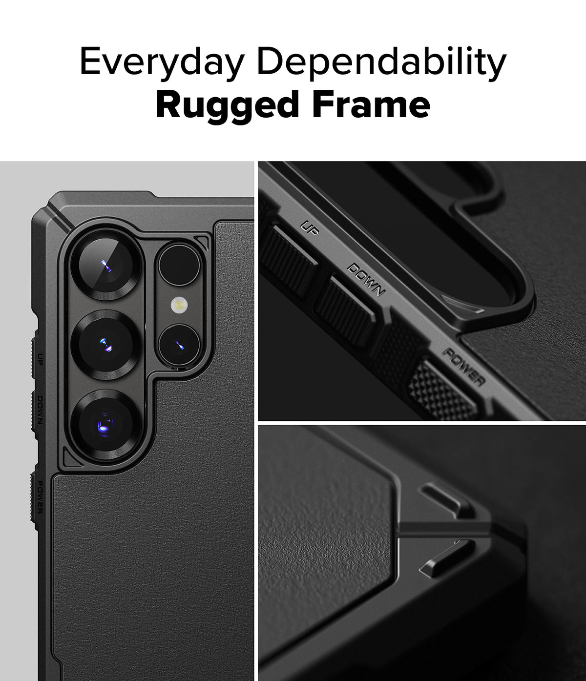 [Bundle] Galaxy S25 Ultra | Rugged Gear Magnetic - Close-up of a black rugged phone case showing camera lenses and labeled buttons.