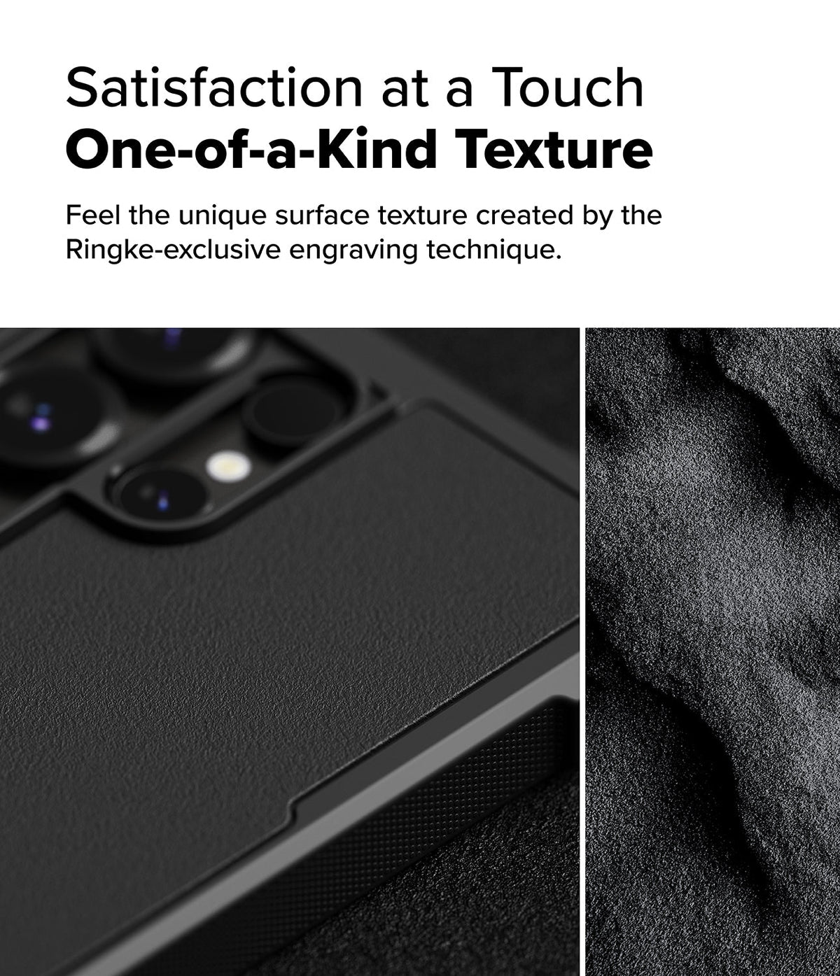 Galaxy S25 Ultra Case | Rugged Gear Magnetic - Galaxy S25 Ultra Case - Close-up of a black phone case with a textured, matte surface next to a magnified view of the grain.