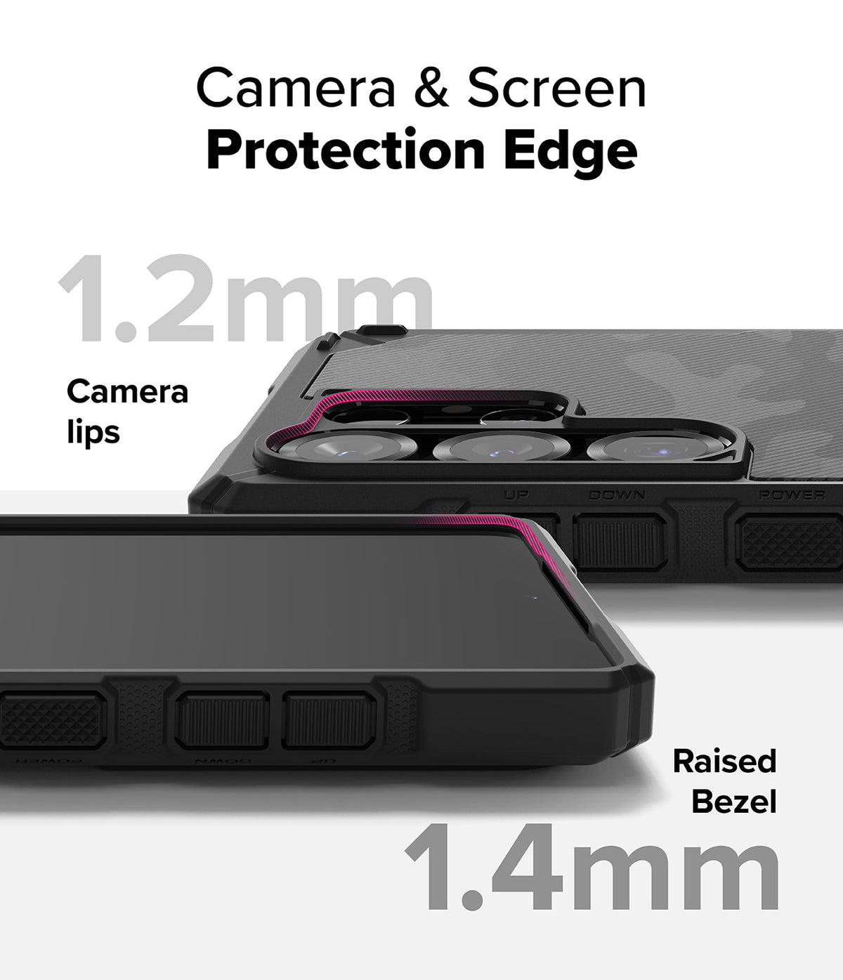 Galaxy S25 Ultra Case | Rugged Gear Magnetic - Close-up showing 1.2mm camera lips and 1.4mm raised screen bezel protection.