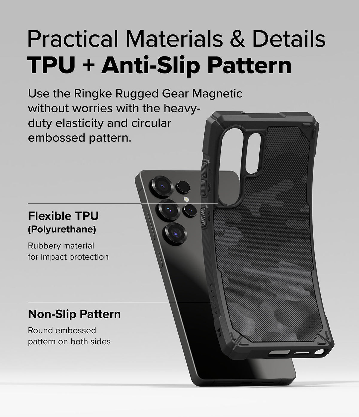 Galaxy S25 Ultra Case | Rugged Gear Magnetic - Flexible TPU phone case with camo pattern and non-slip side texture.