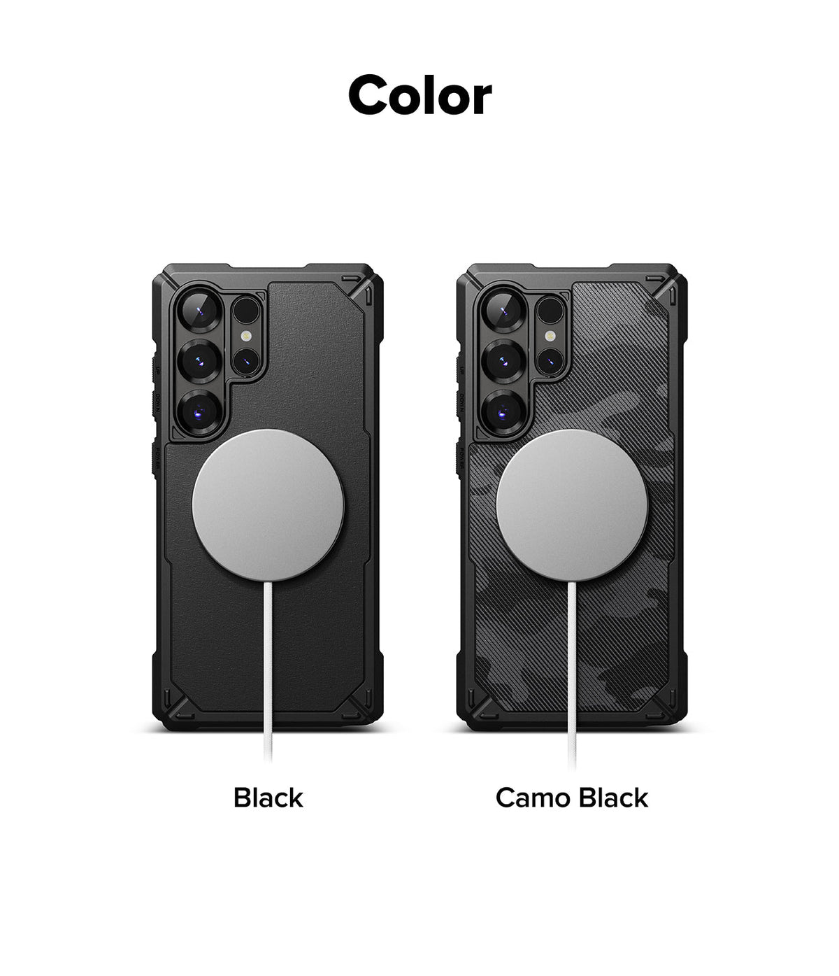 Galaxy S25 Ultra Case | Rugged Gear Magnetic - Two rugged phone cases in black and camo black with magnetic chargers.