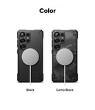 Galaxy S25 Ultra Case | Rugged Gear Magnetic - Two rugged phone cases in black and camo black with magnetic chargers.