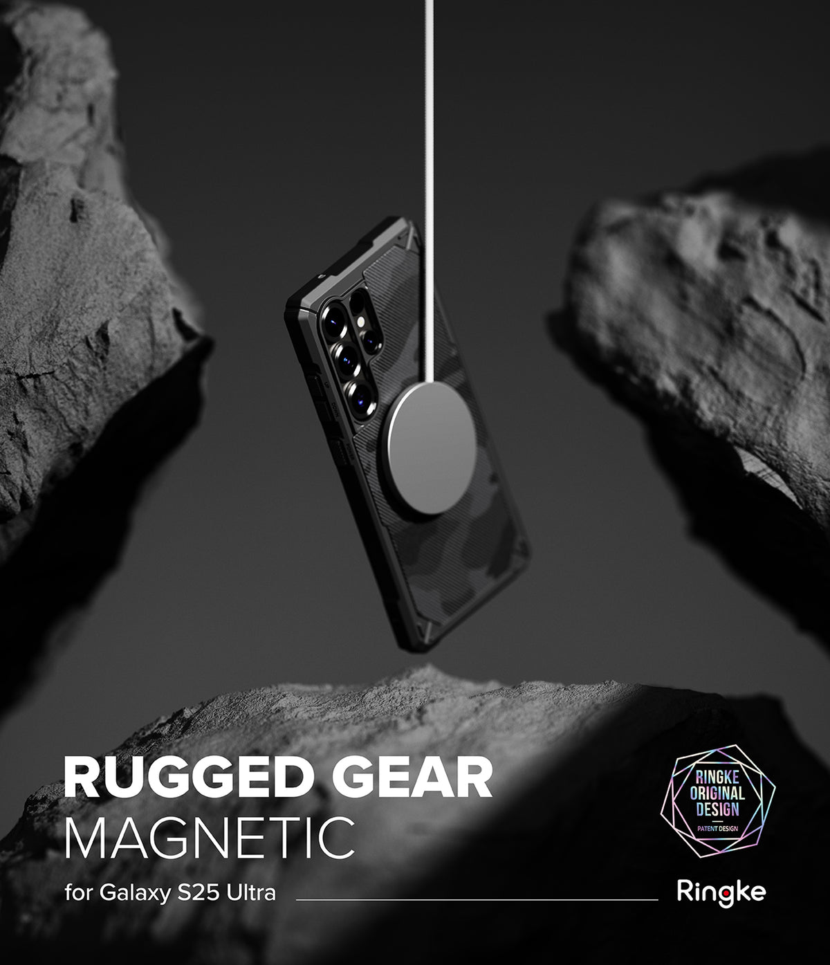 [Bundle] Galaxy S25 Ultra | Rugged Gear Magnetic - Galaxy S25 Ultra in a rugged magnetic case suspended by a charger against a dark, rocky background.