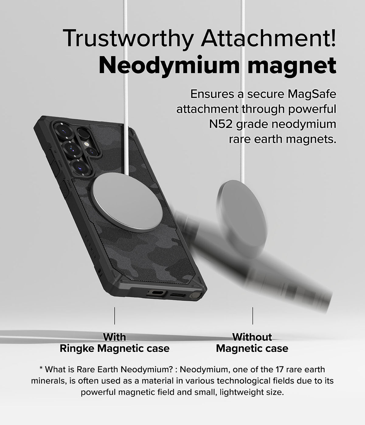 Galaxy S25 Ultra Case | Rugged Gear Magnetic - Comparison showing a magnetic disc attaching to a phone case.