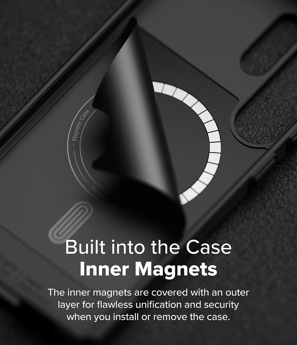 Galaxy S25 Ultra Case | Rugged Gear Magnetic - Close-up of a black phone case revealing a circular magnetic ring underneath a protective layer.
