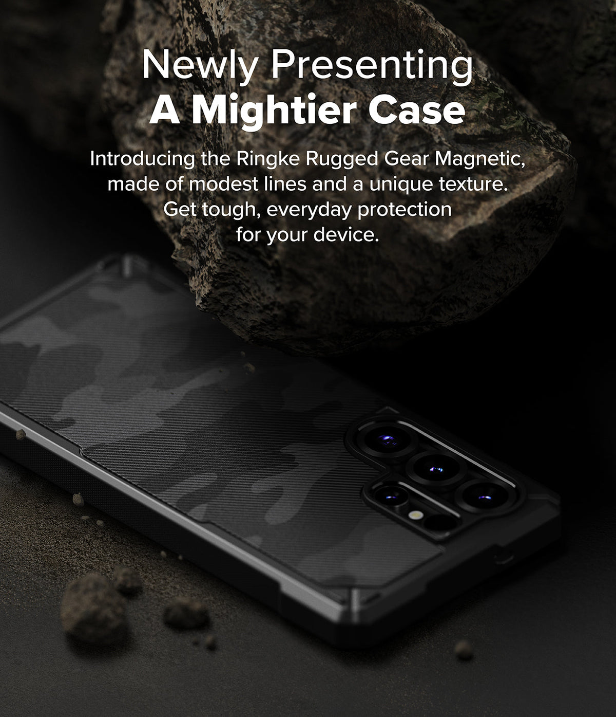Galaxy S25 Ultra Case | Rugged Gear Magnetic - Black camo phone case with textured back resting near a large rock.