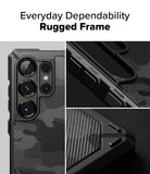 [Bundle] Galaxy S25 Ultra | Rugged Gear Magnetic - Close-up of a black rugged phone case with camo texture and labeled buttons.