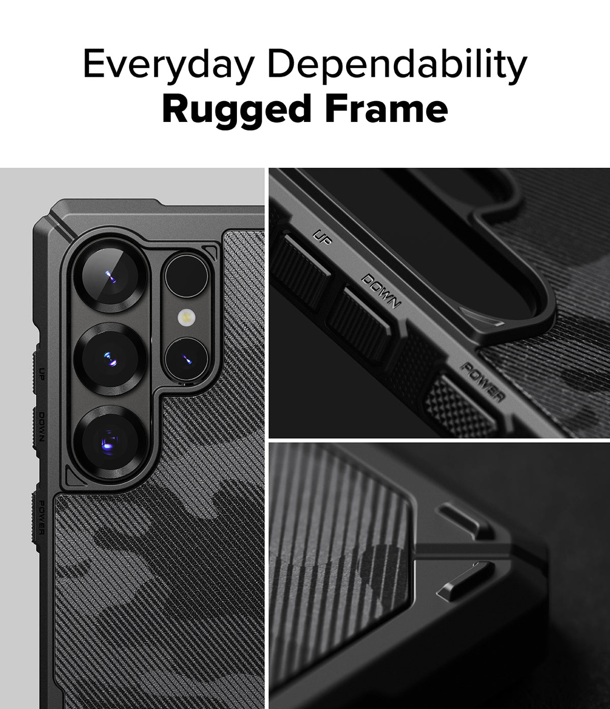 [Bundle] Galaxy S25 Ultra | Rugged Gear Magnetic - Close-up of a black rugged phone case with labeled buttons and camo texture.