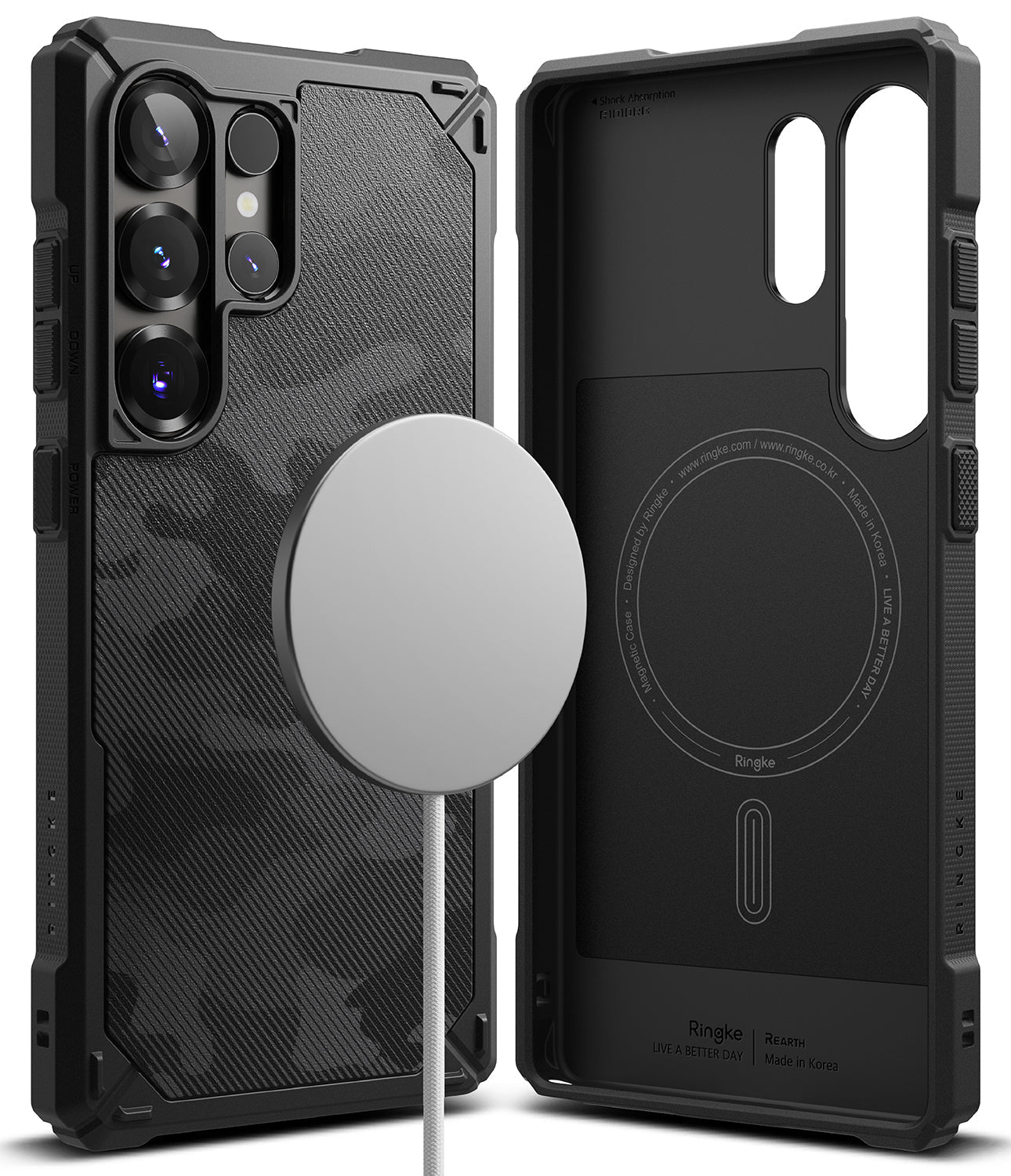 Galaxy S25 Ultra Case | Rugged Gear Magnetic - Black rugged phone case with camo pattern and magnetic charging ring.