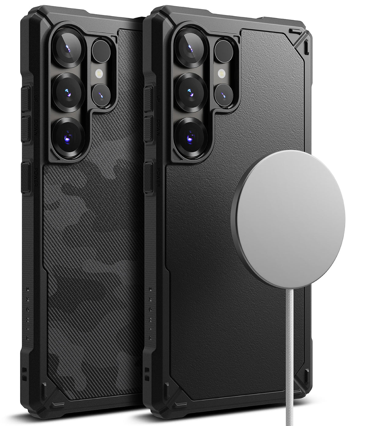 Galaxy S25 Ultra Case | Rugged Gear Magnetic - Two black rugged phone cases with magnetic charging disc attached.