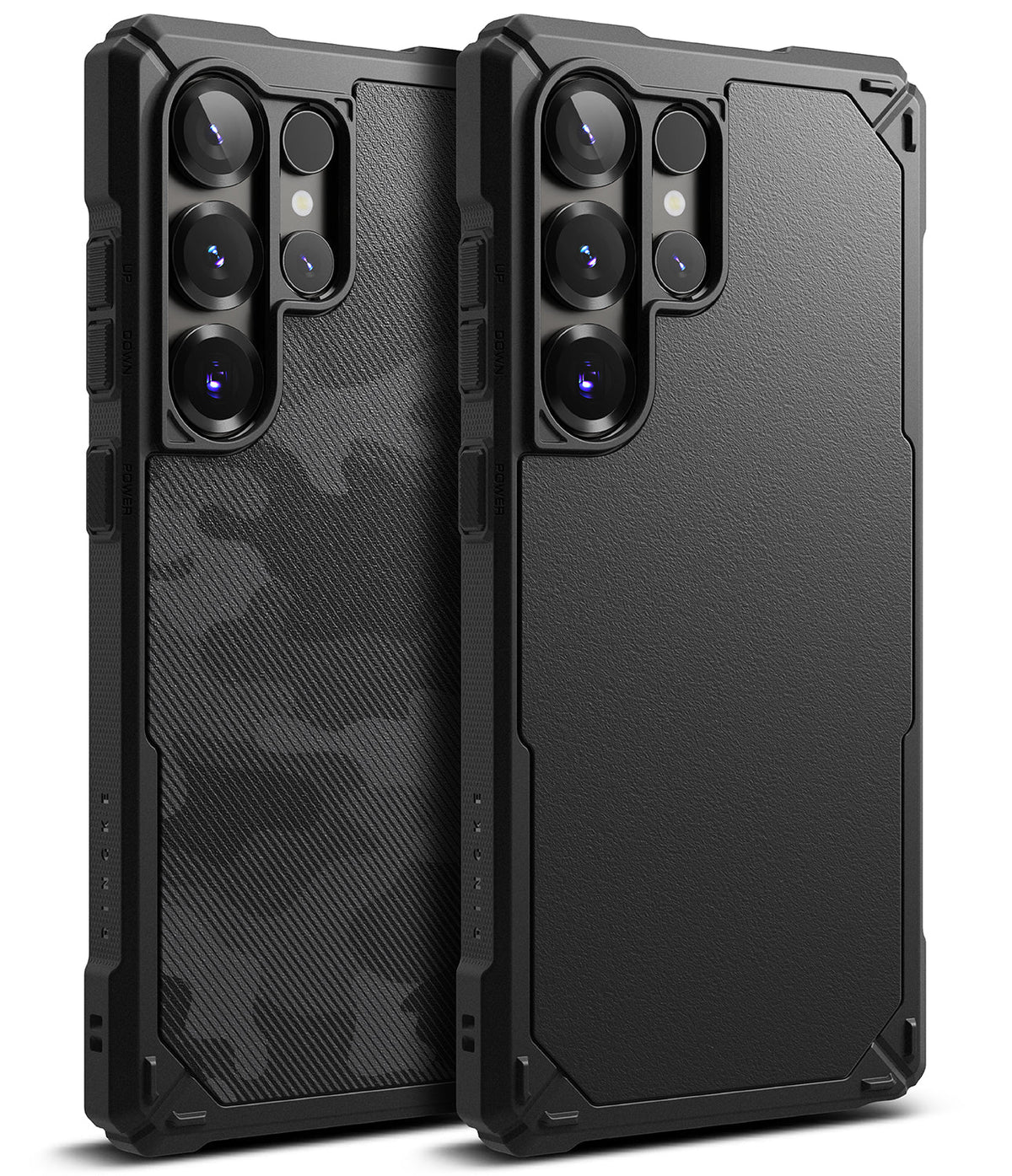 Galaxy S25 Ultra Case | Rugged Gear - Two black rugged phone cases with camo and solid textures and camera cutouts.