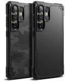 Galaxy S25 Ultra Case | Rugged Gear - Two black rugged phone cases with camo and solid textures and camera cutouts.