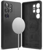 Galaxy S25 Ultra Case | Silicone Magnetic - Black magnetic silicone phone case shown from front and back views.