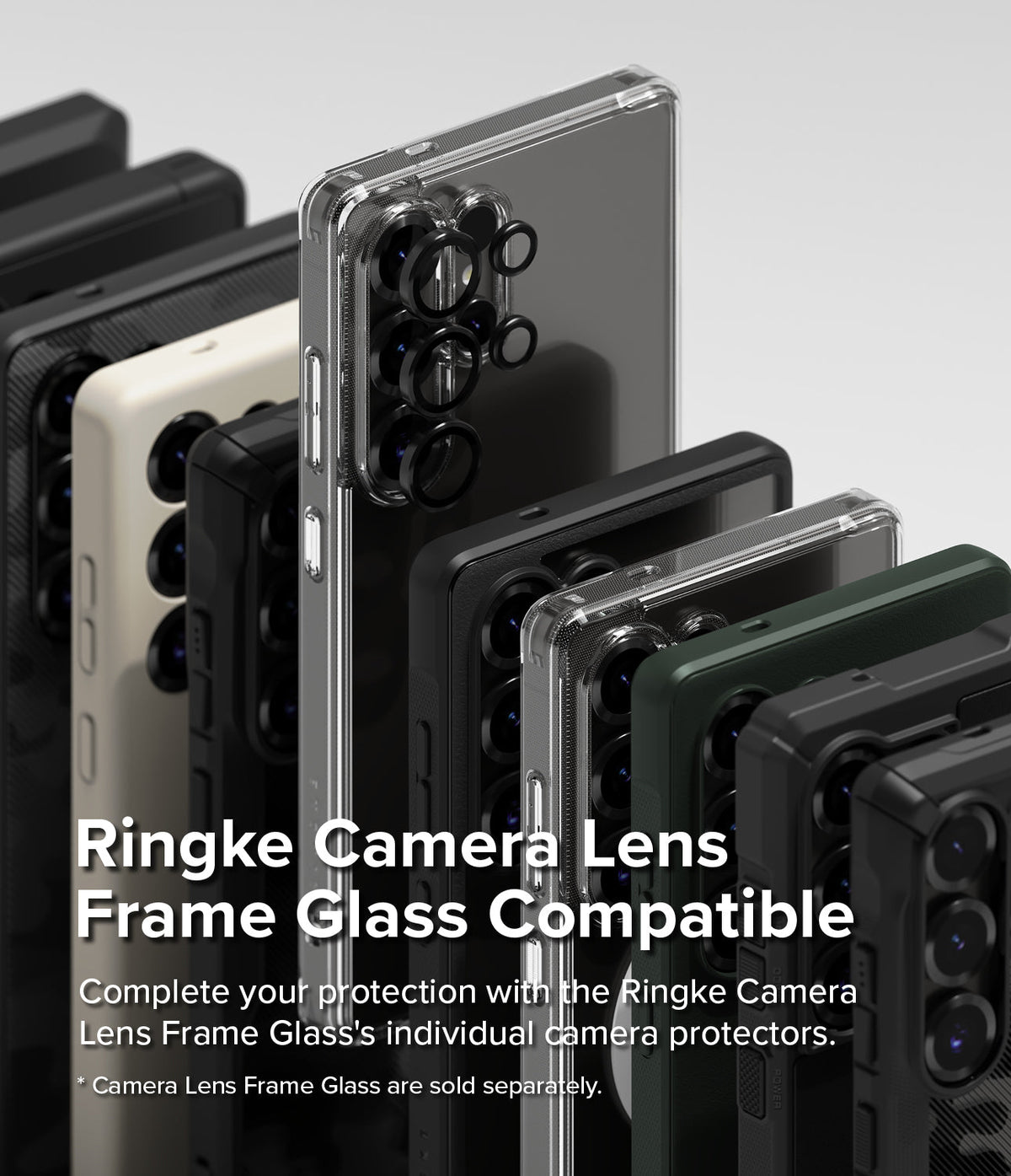 Galaxy S25 Ultra Case | Silicone Magnetic - Multiple phone cases lined up with individual black camera lens protectors.