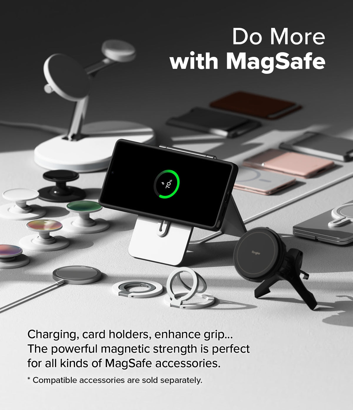 Galaxy S25 Ultra Case | Silicone Magnetic - Phone in magnetic case on stand surrounded by various MagSafe accessories.