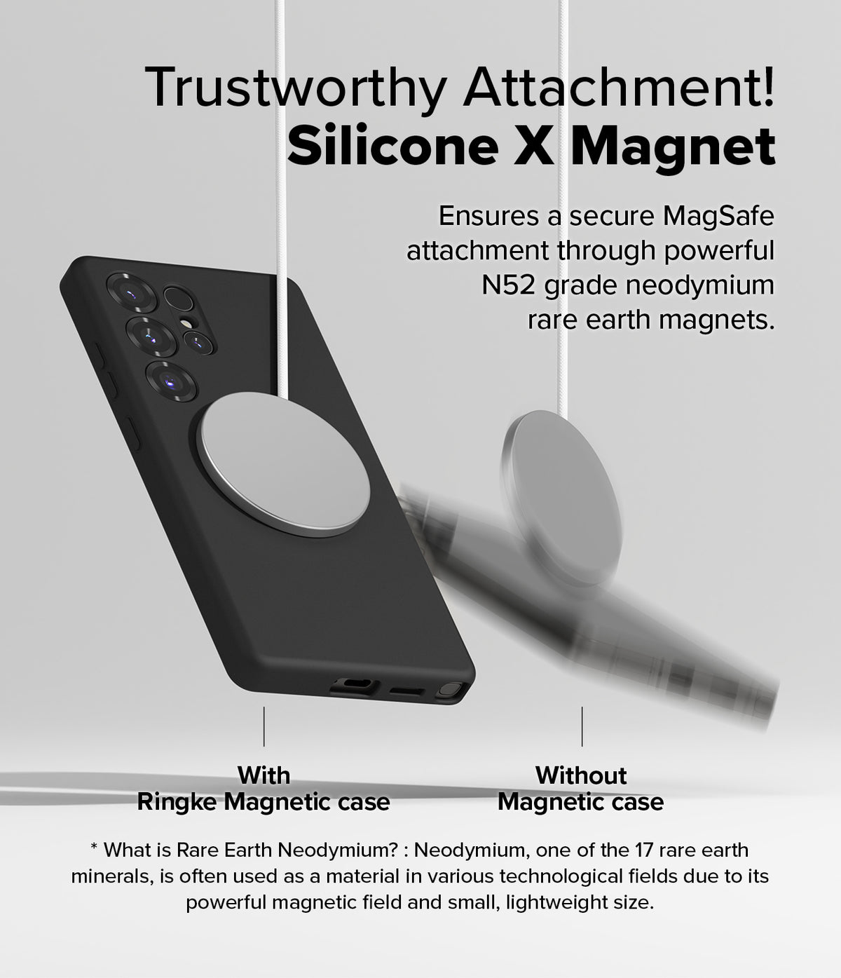 [Bundle] Galaxy S25 Ultra | Silicone Magnetic - Comparison of a phone with a magnetic case holding a magnet versus one without.