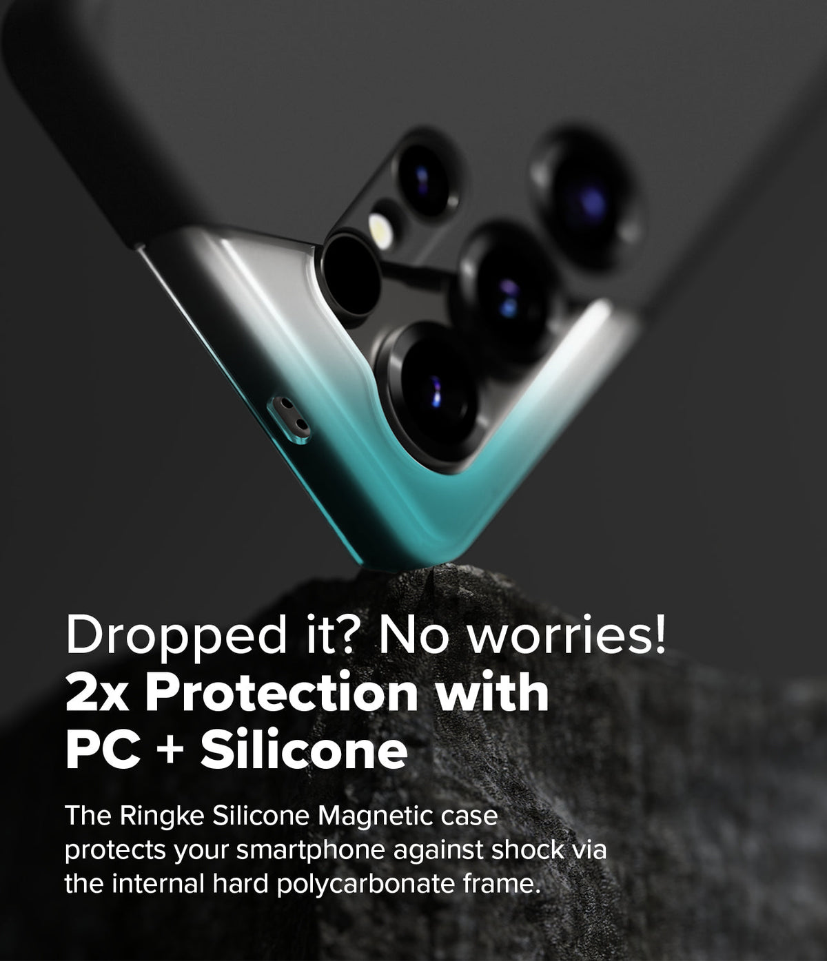 Galaxy S25 Ultra Case | Silicone Magnetic - Close-up of a phone case corner resting on rock, showing PC and silicone layers.