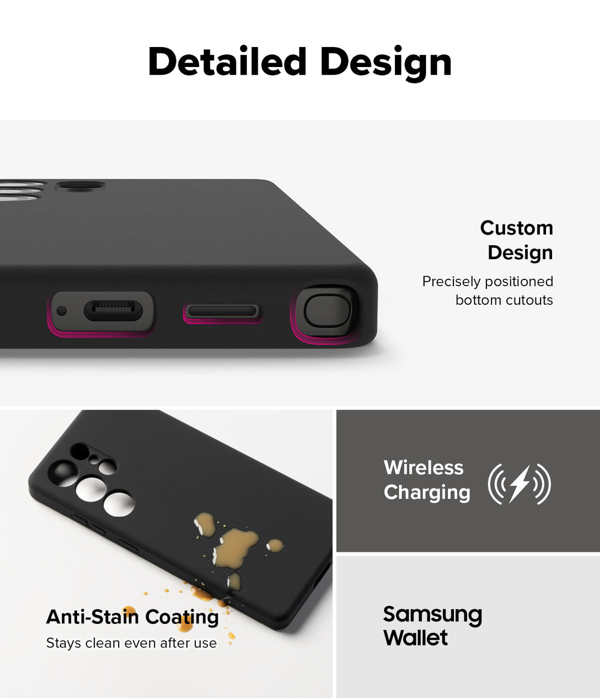 Galaxy S25 Ultra Case | Silicone Magnetic - Close-up of precise bottom cutouts, anti-stain coating, and wireless charging.