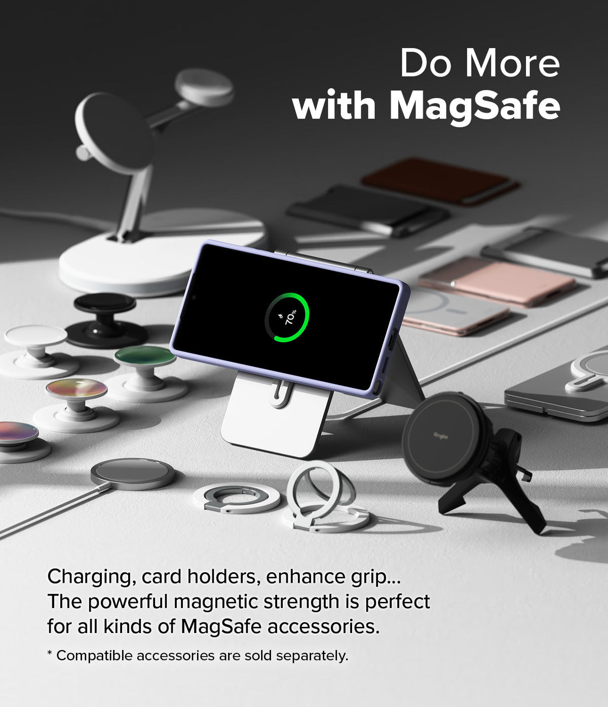 Galaxy S25 Ultra Case | Silicone Magnetic - A lavender phone case charging on a stand surrounded by various MagSafe accessories.