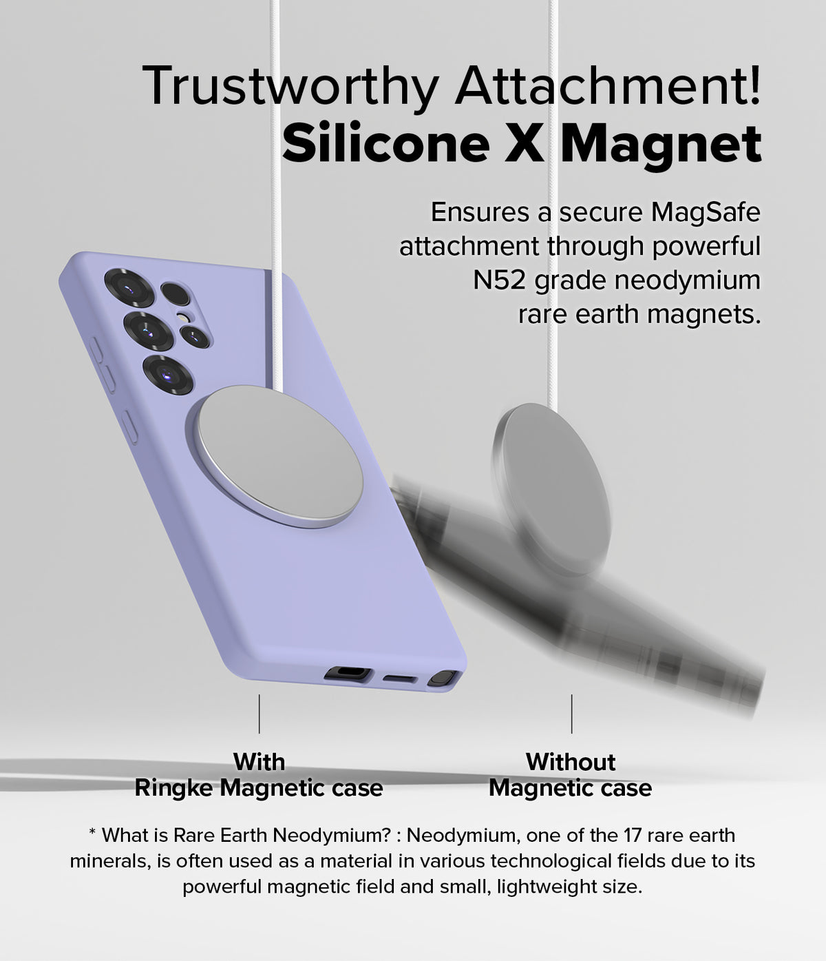 [Bundle] Galaxy S25 Ultra | Silicone Magnetic - Comparison showing a magnetic disc attached to a lavender phone case.