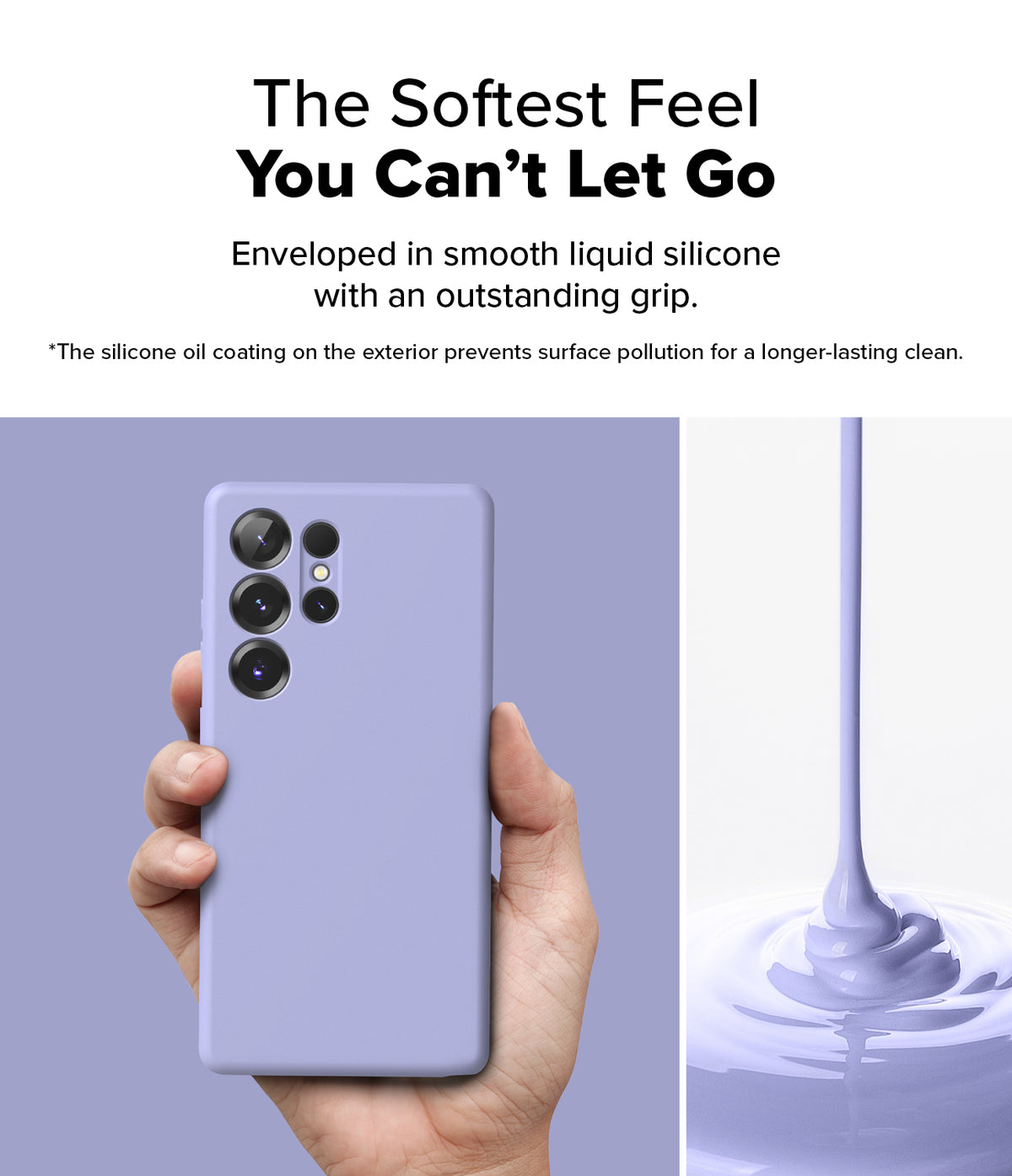 [Bundle] Galaxy S25 Ultra | Silicone Magnetic - Galaxy S25 Ultra | Silicone Magnetic - Hand holding a light purple phone case next to liquid silicone being poured.