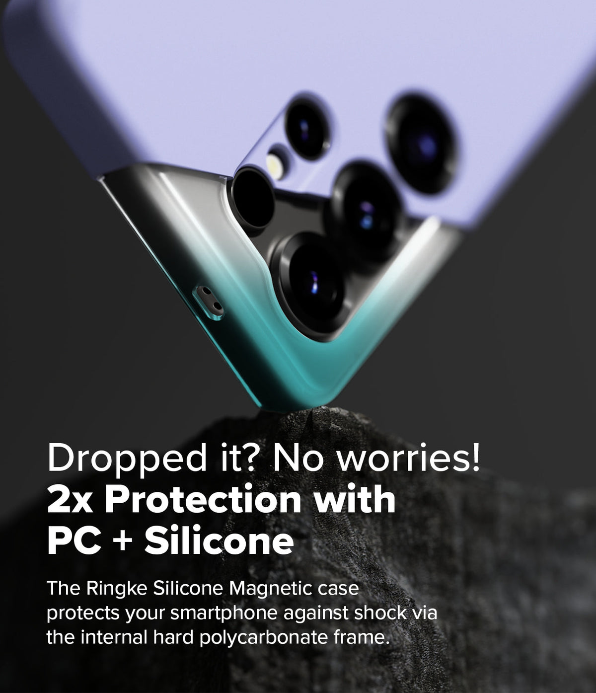 Galaxy S25 Ultra Case | Silicone Magnetic - Lavender phone case with a hard frame resting on a dark, textured rock.