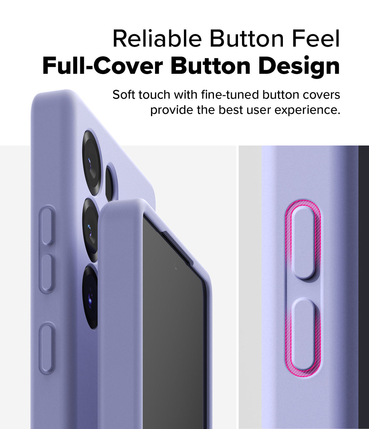 Galaxy S25 Ultra Case | Silicone Magnetic - Close-up of a lavender phone case highlighting tactile button covers.