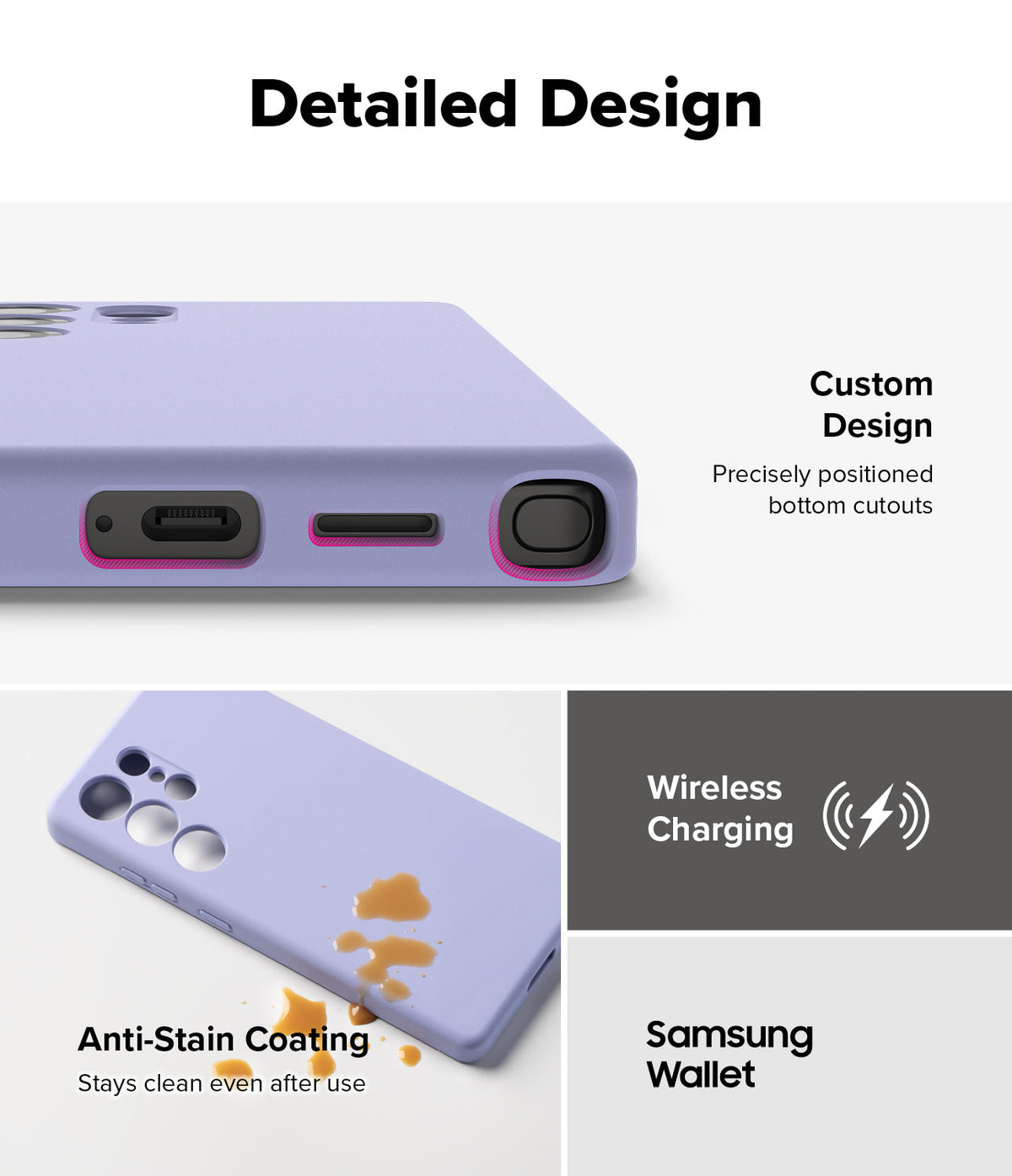 Galaxy S25 Ultra Case | Silicone Magnetic - Lavender case showing precise bottom cutouts, anti-stain coating, and charging.