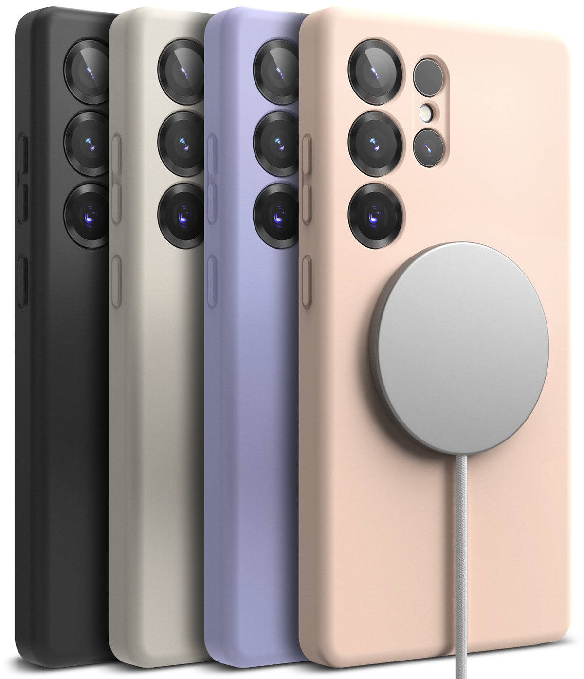 Galaxy S25 Ultra Case | Silicone Magnetic - Four silicone phone cases in black, beige, purple, and peach with a magnetic charger.