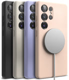Galaxy S25 Ultra Case | Silicone Magnetic - Four silicone phone cases in black, beige, purple, and peach with a magnetic charger.