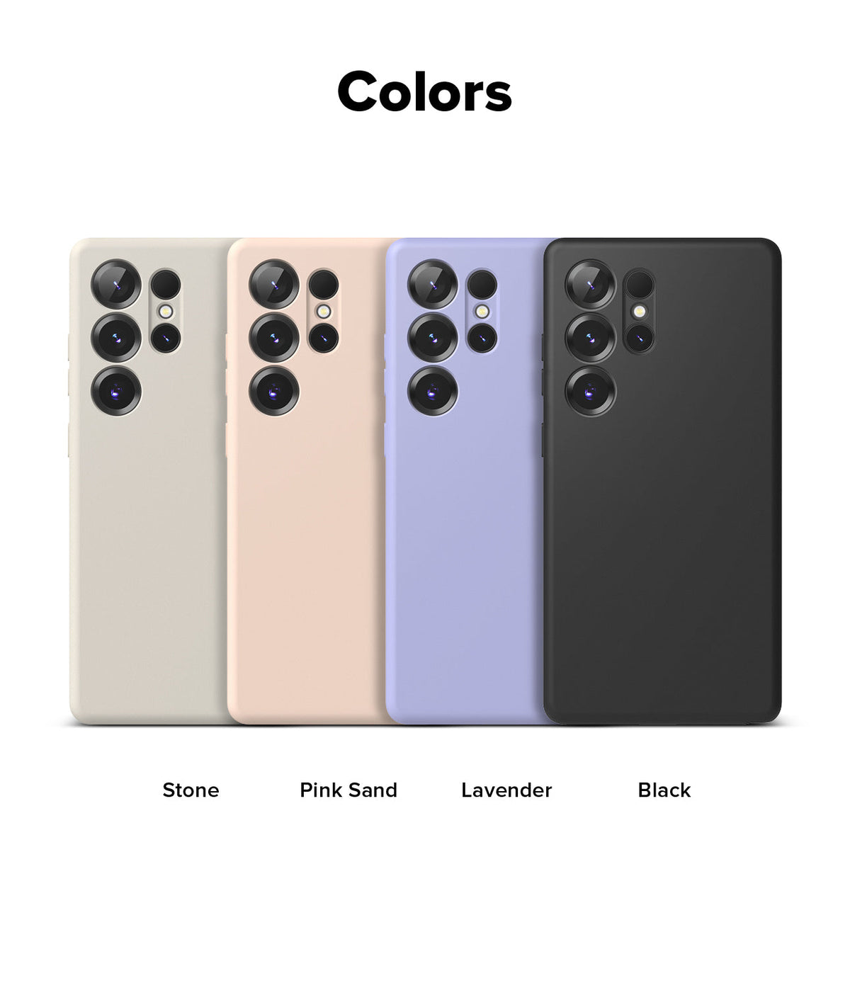 Galaxy S25 Ultra Case | Silicone Magnetic - Four Galaxy S25 Ultra silicone cases in stone, pink sand, lavender, and black.