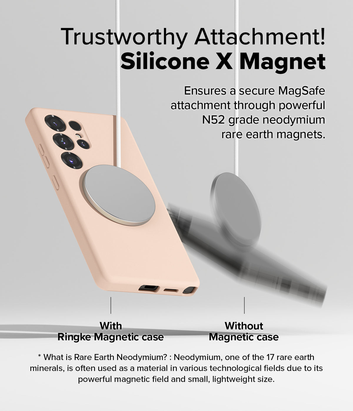[Bundle] Galaxy S25 Ultra | Silicone Magnetic - Comparison showing a magnetic charger attached to a phone case versus falling off.