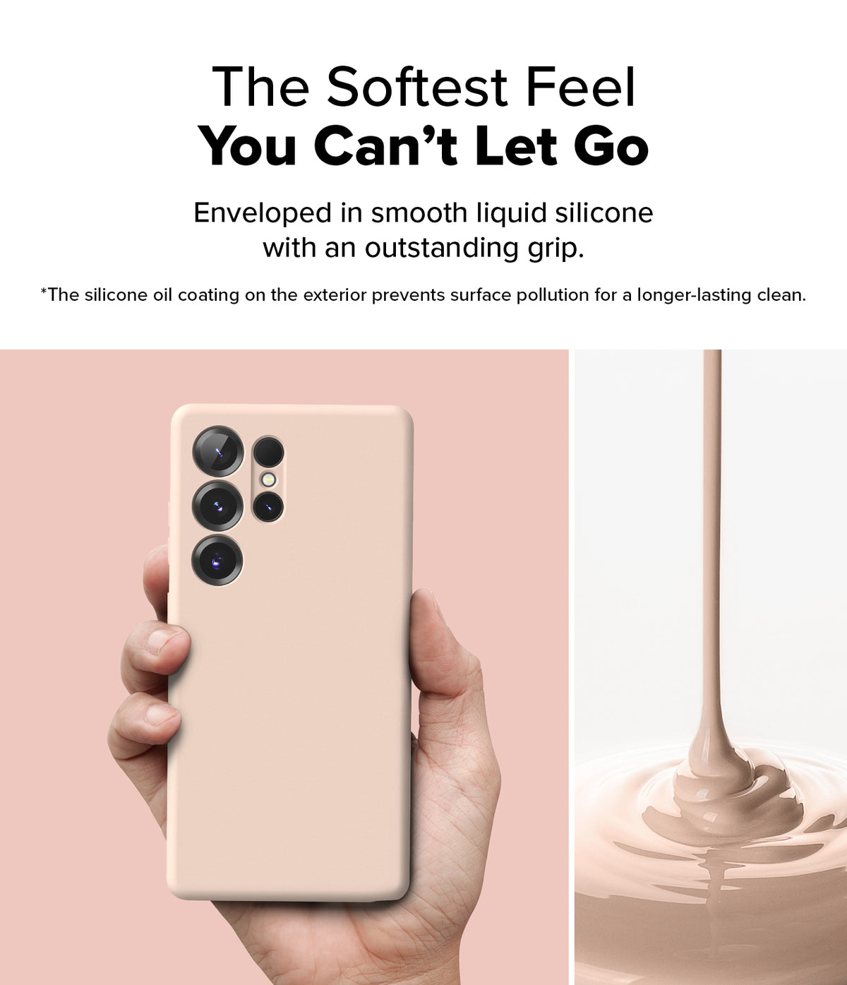 [Bundle] Galaxy S25 Ultra | Silicone Magnetic - Hand holding a beige silicone phone case next to liquid silicone pouring.