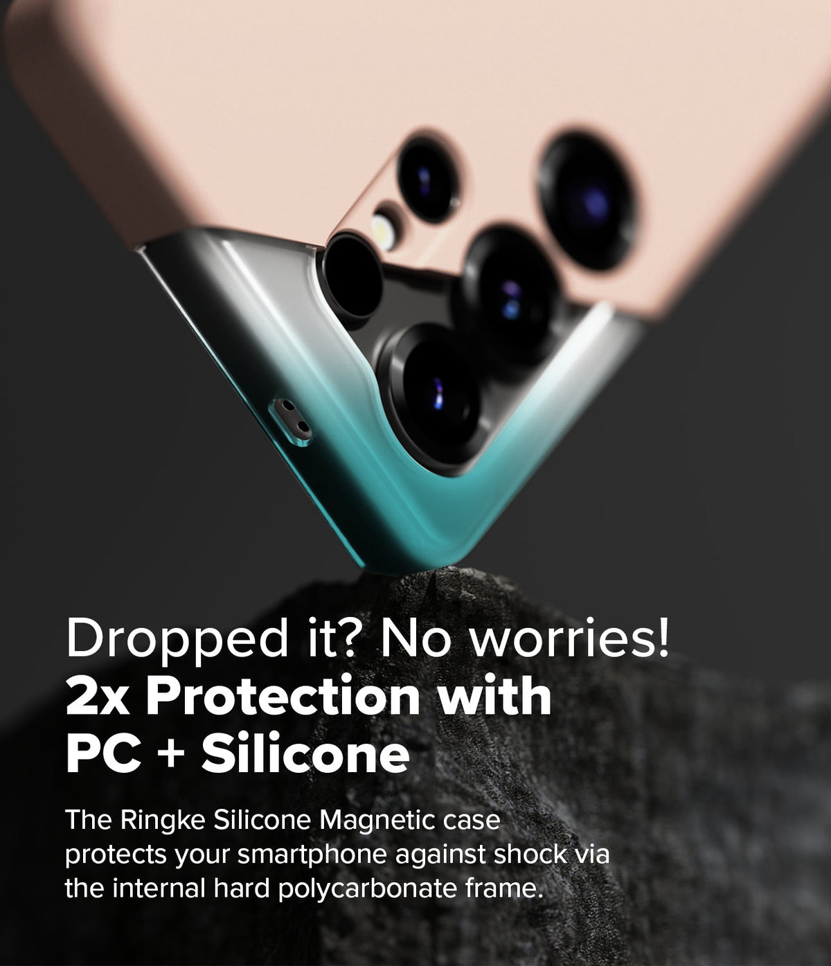 Galaxy S25 Ultra Case | Silicone Magnetic - Pink silicone phone case with a hard polycarbonate frame resting on a rock.