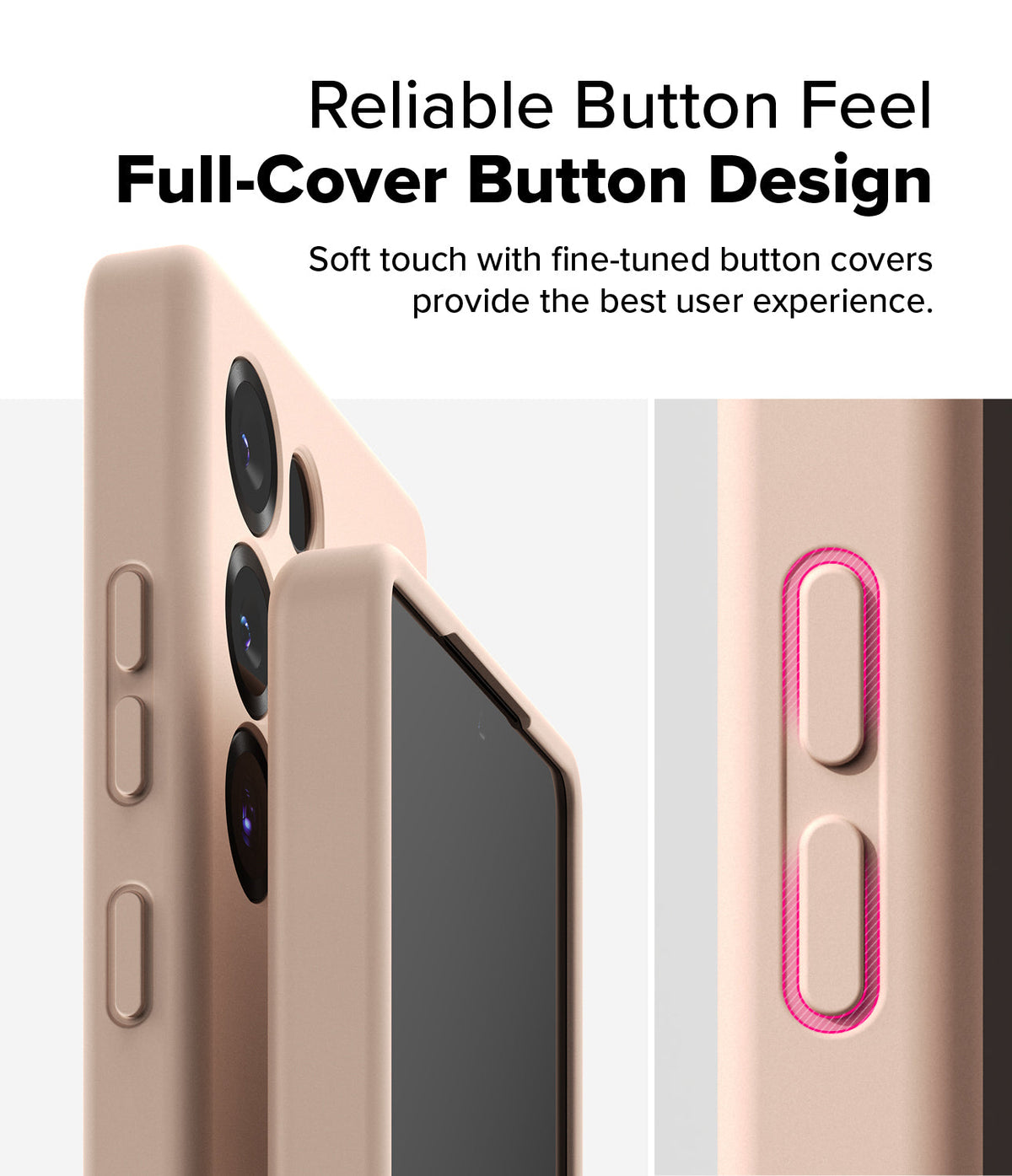 Galaxy S25 Ultra Case | Silicone Magnetic - Close-up of a beige phone case highlighting tactile, full-cover buttons.