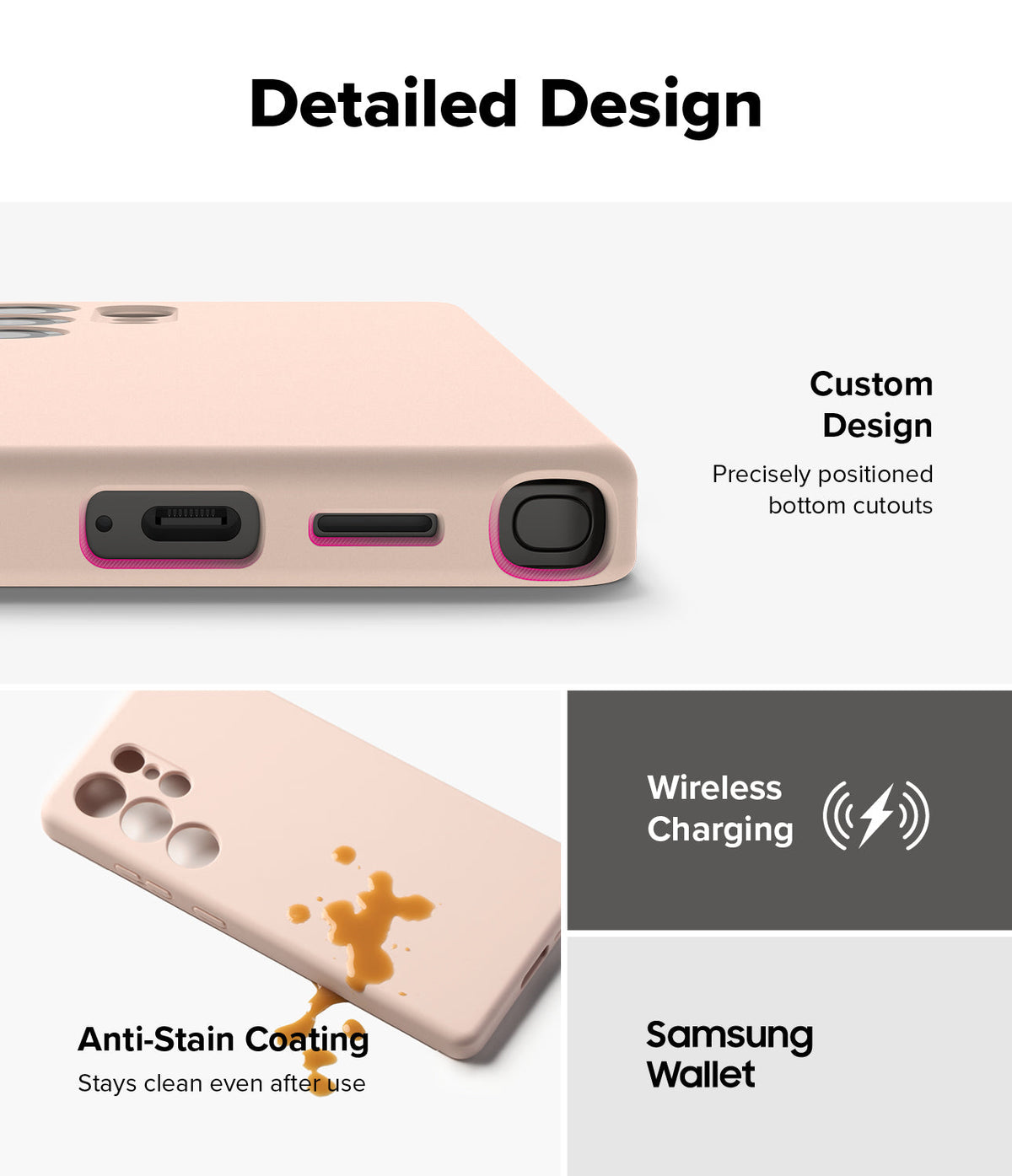 Galaxy S25 Ultra Case | Silicone Magnetic - Close-up of pink phone case showing precise cutouts, anti-stain coating, and wireless charging.