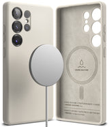 Galaxy S25 Ultra Case | Silicone Magnetic - Beige silicone phone case with magnetic charger and interior suede lining.
