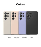 Galaxy S25 Ultra Case | Silicone Magnetic - Four Galaxy S25 Ultra silicone cases in stone, pink sand, lavender, and black.