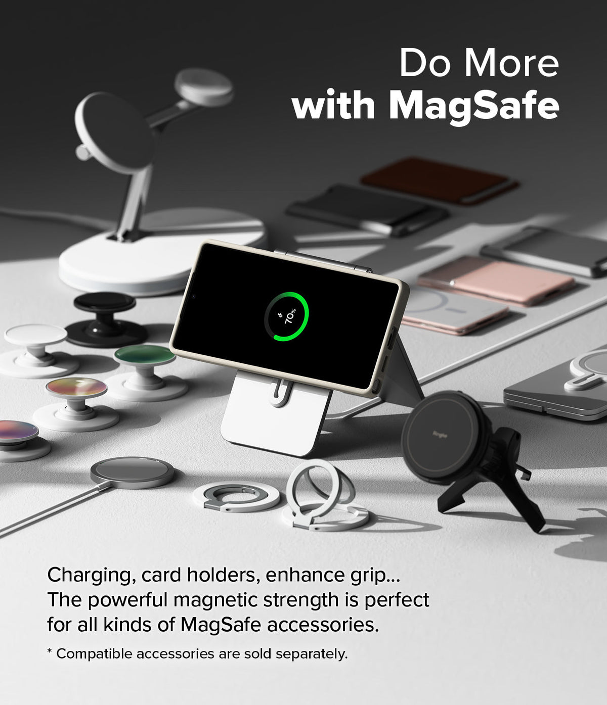 Galaxy S25 Ultra Case | Silicone Magnetic - Phone in magnetic case charging on a stand surrounded by MagSafe accessories.