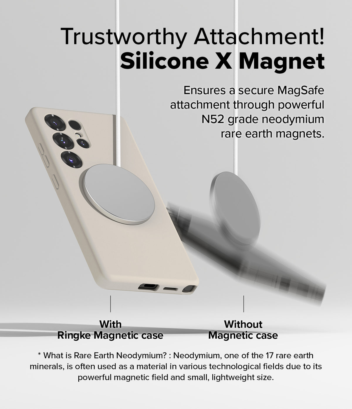 [Bundle] Galaxy S25 Ultra | Silicone Magnetic - A beige phone case attached to a magnetic disc versus a phone falling off.
