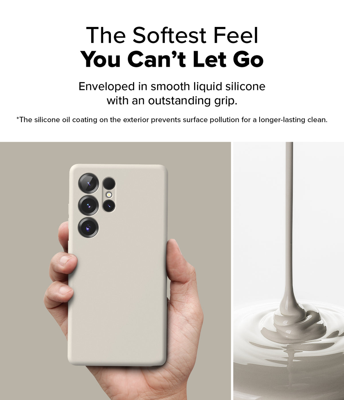 [Bundle] Galaxy S25 Ultra | Silicone Magnetic - Hand holding a beige Galaxy S25 Ultra case next to pouring liquid silicone.