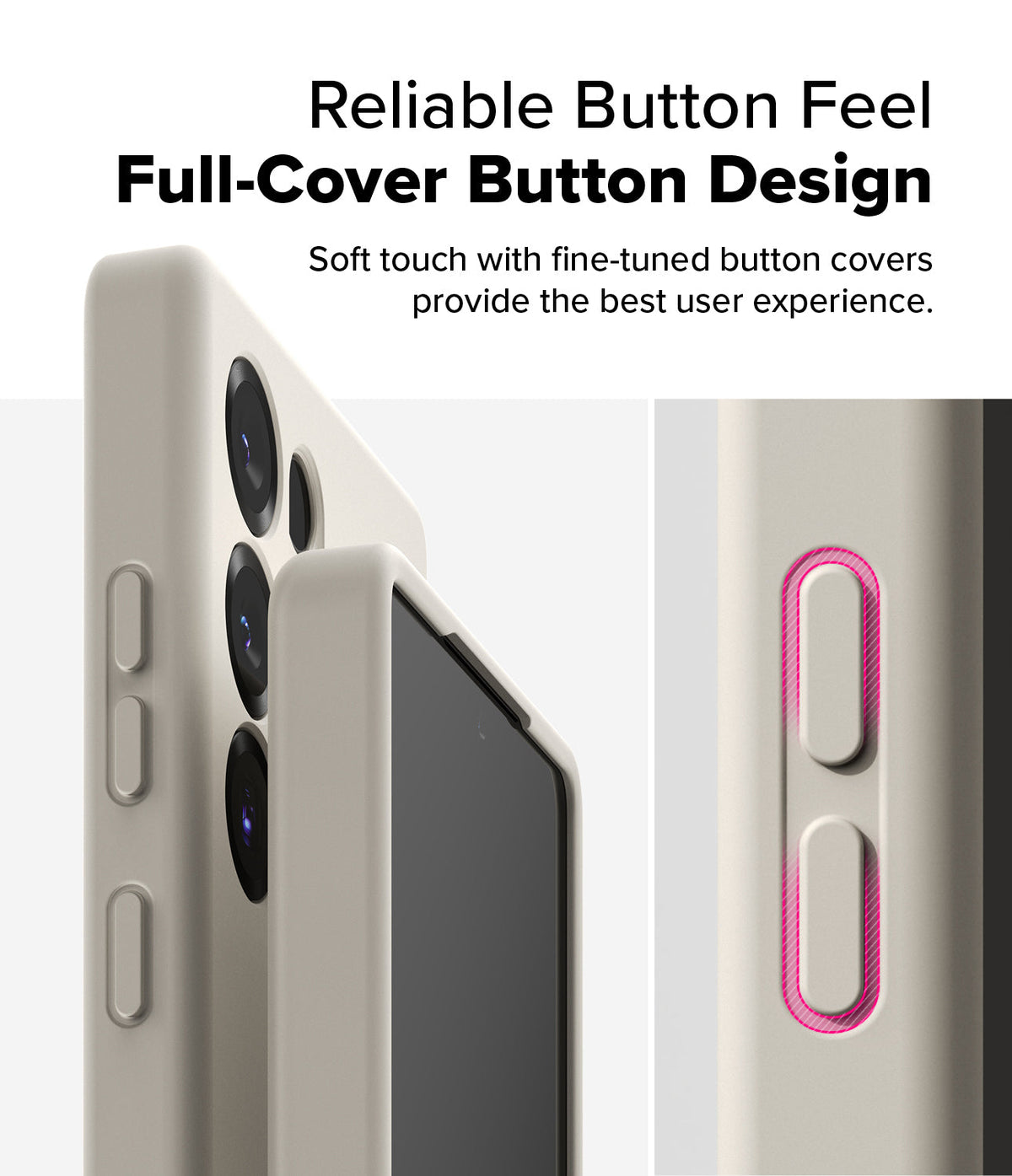 Galaxy S25 Ultra Case | Silicone Magnetic - Close-up of beige phone case buttons with a highlighted tactile design.
