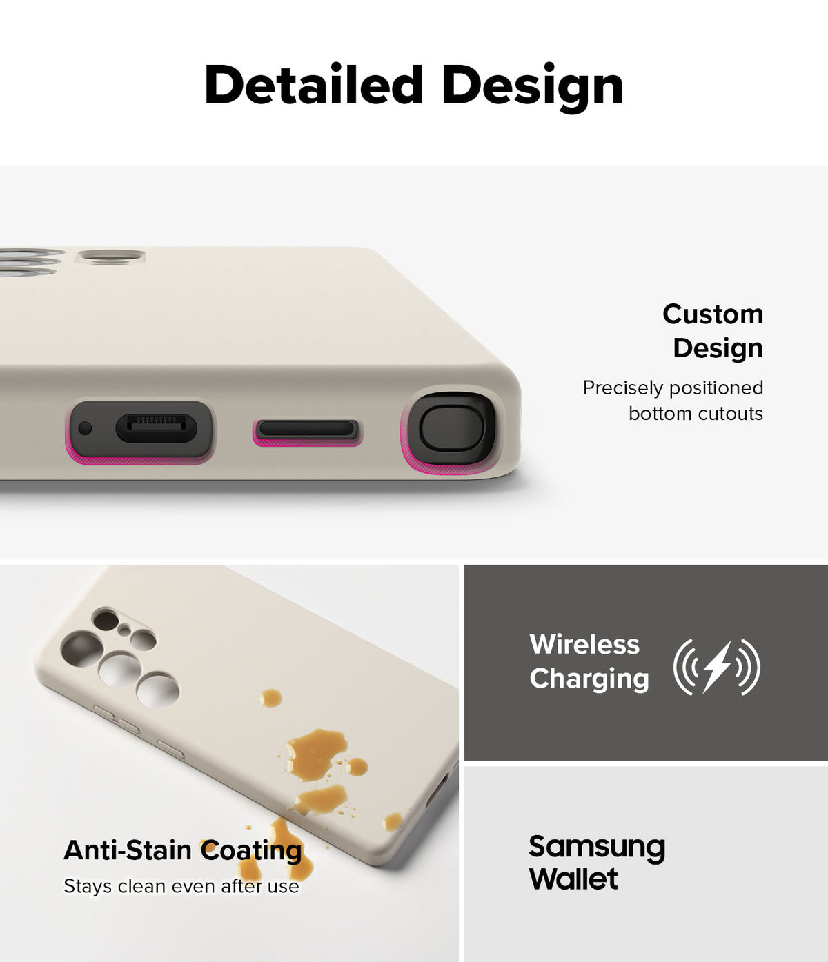 Galaxy S25 Ultra Case | Silicone Magnetic - Close-up of phone case cutouts, anti-stain coating, and wireless charging.