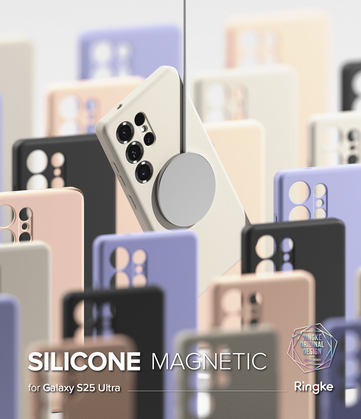[Bundle] Galaxy S25 Ultra | Silicone Magnetic - A beige magnetic phone case suspended by a charger among various colored cases.
