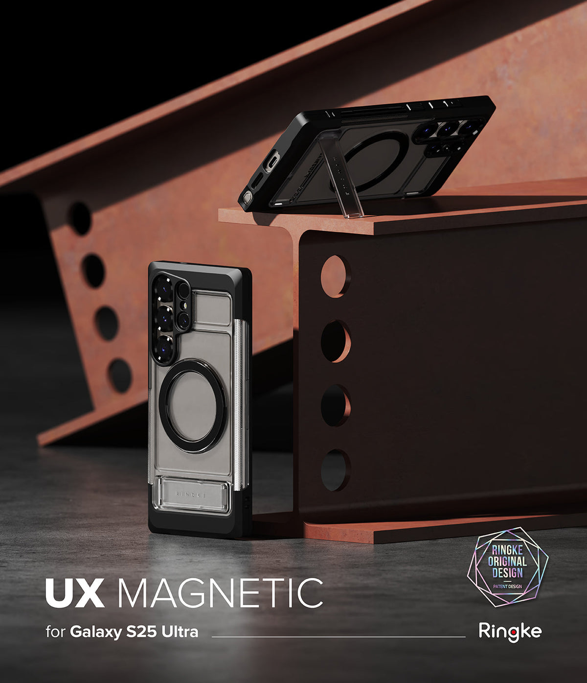 Galaxy S25 Ultra Case | UX Magnetic - Two black and clear magnetic phone cases displayed on rustic metal beams.