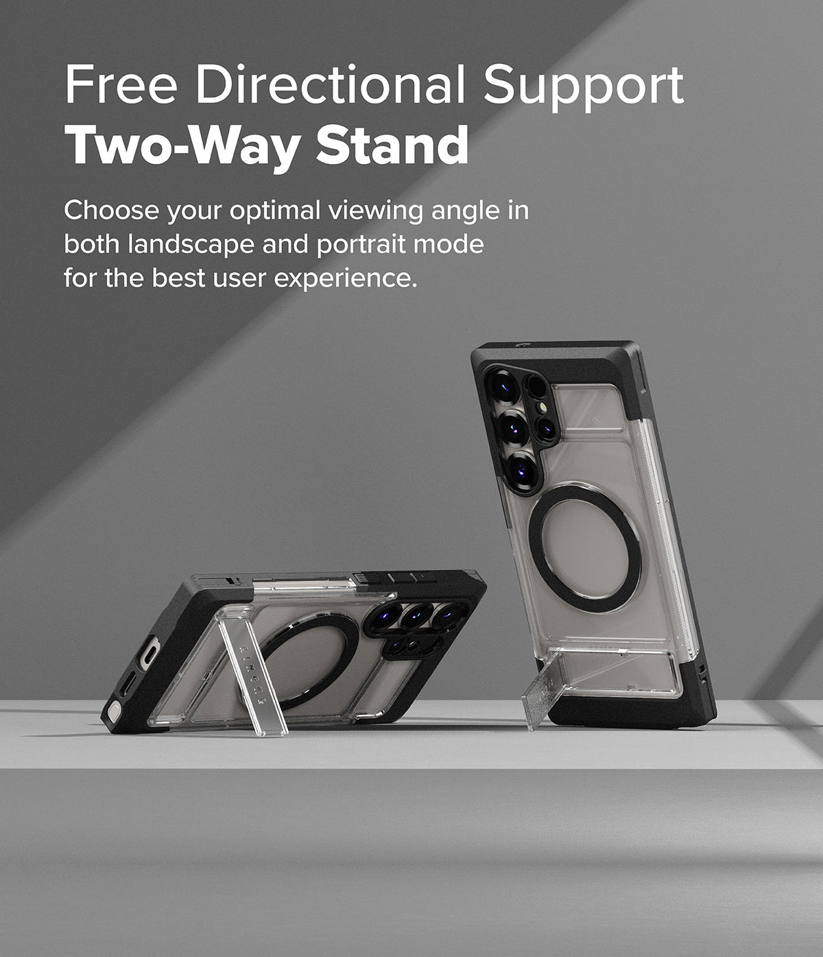 Galaxy S25 Ultra Case | UX Magnetic - Two phones in clear magnetic cases with built-in kickstands in portrait and landscape.