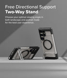 Galaxy S25 Ultra Case | UX Magnetic - Two phones in clear magnetic cases with built-in kickstands in portrait and landscape.