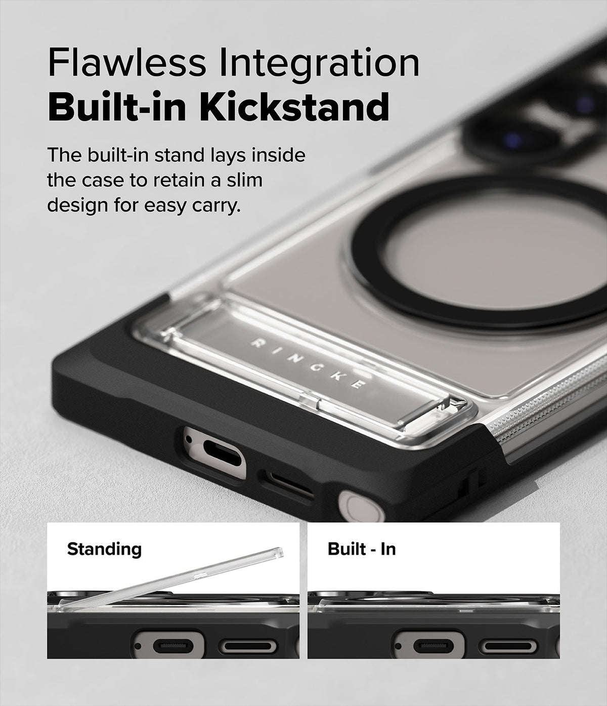 Galaxy S25 Ultra Case | UX Magnetic - Close-up of a phone case with a slim, integrated kickstand and magnetic ring.