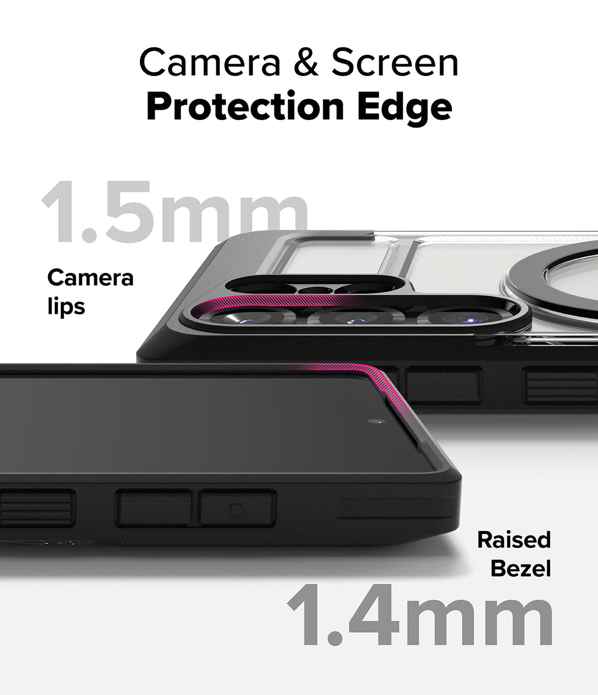 Galaxy S25 Ultra Case | UX Magnetic - Close-up showing 1.5mm camera lips and 1.4mm raised screen bezel for protection.