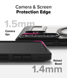 Galaxy S25 Ultra Case | UX Magnetic - Close-up showing 1.5mm camera lips and 1.4mm raised screen bezel for protection.